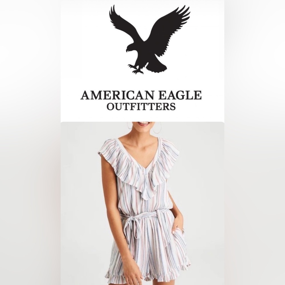 🌞AE American Eagle Outfitters Candy Stripe Double-V Ruffled Romper w/Sash